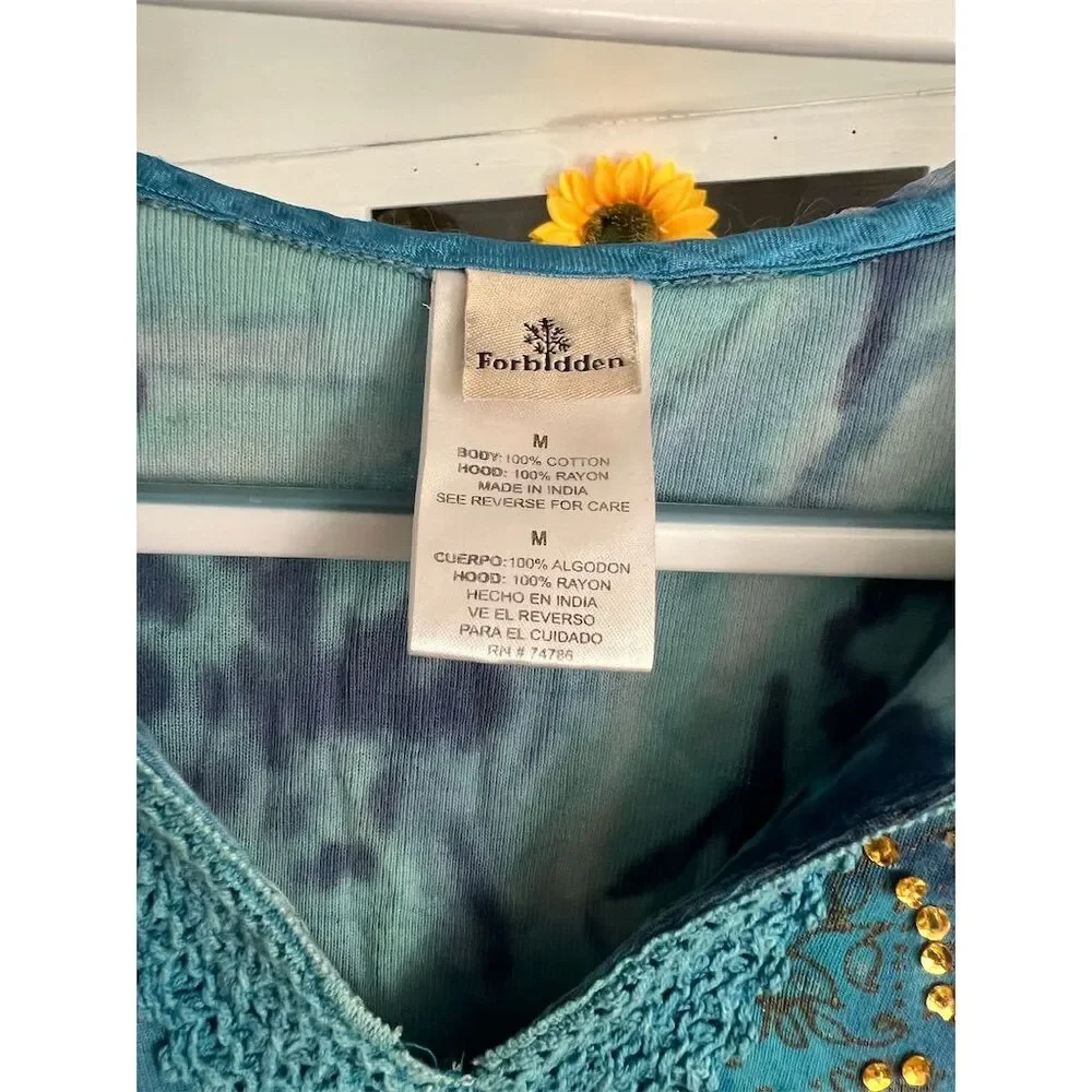 Forbidden Boho Women's Blue Tie Dye Pullover Hoodie (M) Beaded Casual Spring - Picture 5 of 5